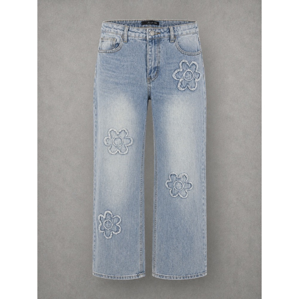 Cali 1850 Flower Embroidery Wide Leg Jeans 11/30 Light Wash Denim Floral Blue